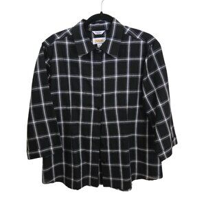 Talbots Vintage Black Plaid Irish Linen 3/4 Sleeve Button Down Blouse Size M